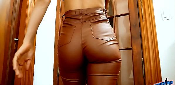  Amazing Ass and Cameltoe In Tight Brown Latex Spandex Pants Latina Babe
